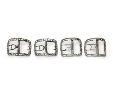 Two pairs of George III silver shoe buckles comprising;a pair by Richard Jewessan,Sheffield c.1800, with bright-cut beaded de