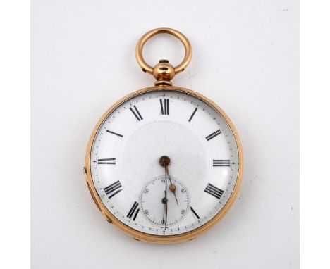 A 15CT GOLD OPEN FACED POCKET WATCH. the white enamel dial with Roman numerals and subsidiary seconds dial, three quarter pla