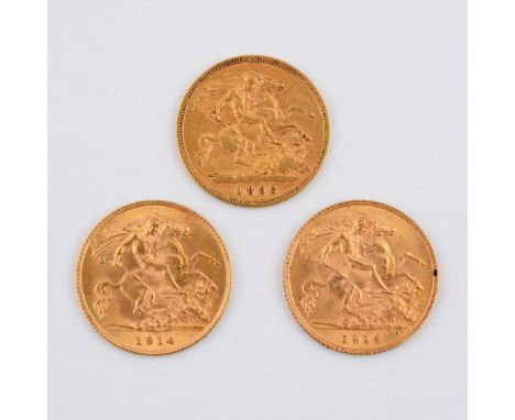 THREE GOLD HALF SOVEREIGNS. 1896 and two for 1914.  **BP 22.5% inc VAT + Lot Fee of £8  