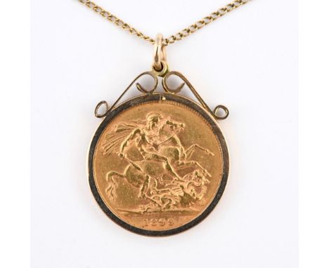 A GOLD SOVEREIGN. 1899, in a 9ct gold mount, on a gold fine link chain, total weight 11.5 grams.  **BP 22.5% inc VAT + Lot Fe