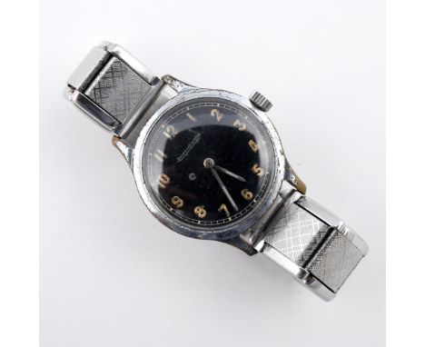 A GENTLEMAN'S STAINLESS STEEL WRISTWATCH BY JAEGER-LeCOULTRE. the signed black dial with Arabic numerals, 35mm dia., on an un