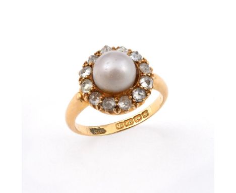 A DIAMOND AND CULTURED PEARL CLUSTER RING. the cultured pearl is set within a surround of rose-cut diamonds, in 18ct yellow g