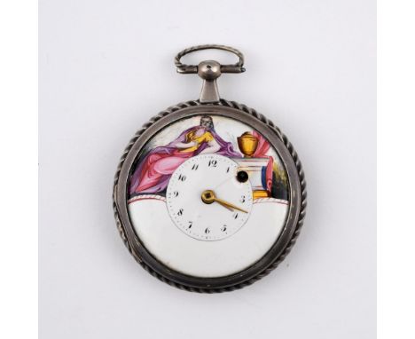 A CONTINENTAL OPEN FACED POCKET WATCH. the white enamel dial depicting a scene of a lady seated by an urn, with black Arabic 