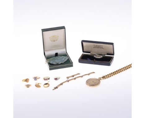 A QUANTITY OF JEWELLERY. including a lady's Art Deco diamond wristwatch on a black ribbon band, a pair of 9ct gold cufflinks,