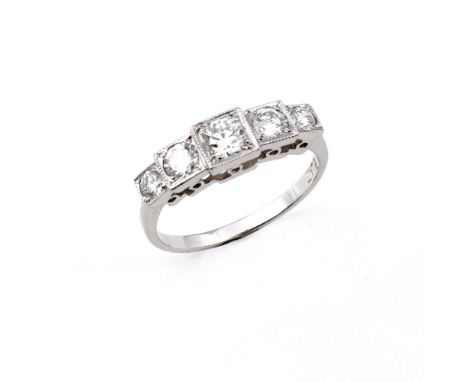 A DIAMOND FIVE STONE RING. mounted with five circular-cut diamonds, in square platinum settings. Size N.  **BP 22.5% inc VAT 