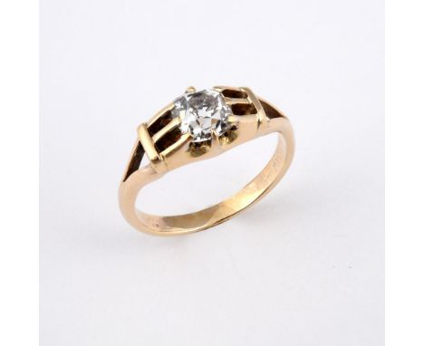 A DIAMOND SOLITAIRE RING. mounted with a cushion-shaped diamond in yellow gold. Size J.  **BP 22.5% inc VAT + Lot Fee of £8  