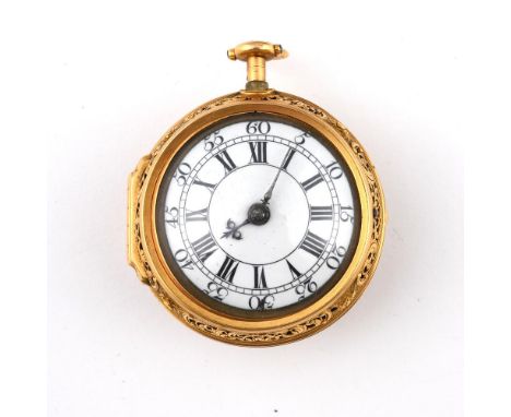 AN EARLY 18TH CENTURY GOLD PAIR CASED QUARTER REPEATING VERGE POCKET WATCH. the high quality fusee movement with diamond end 