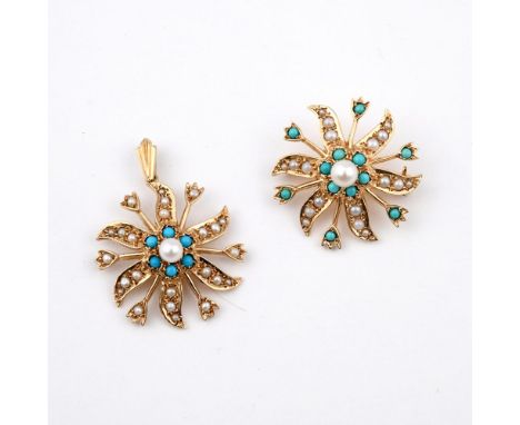 A TURQUOISE AND PEARL SET PENDANT. of flowerhead form, mounted with turquoise cabochons and small pearls in 9ct gold, 3cm dia