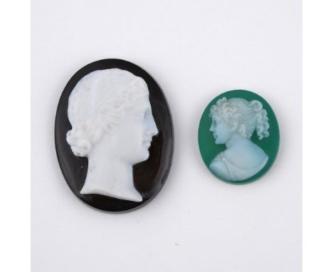 AN AGATE CAMEO. depicting the head and shoulders of a classical figure, 3.6 x 3.0cm., together with another cameo.  **BP 22.5