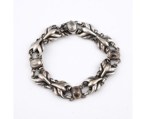 A SILVER BRACELET BY GEORG JENSEN. of foliate design, numbered 53, with maker's mark and stamped Sterling Denmark, 20cm long.