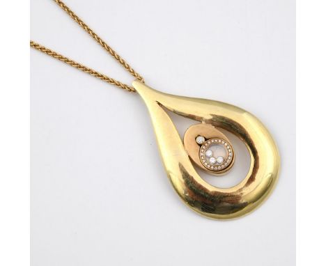 A DIAMOND AND 14CT GOLD 'HAPPY DIAMOND' PENDANT BY CHOPARD. of teardrop-shape, the centre section mounted with circular-cut d