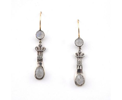 A PAIR OF MOONSTONE AND DIAMOND DROP EARRINGS. of openwork design, each mounted with two moonstones and two circular-cut diam