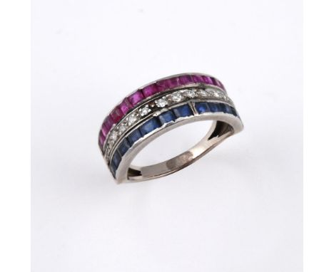 A SAPPHIRE, RUBY &amp; DIAMOND THREE ROW HALF HOOP RING. mounted with a row of circular-cut diamonds, set within a border of 