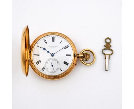 AN 18CT GOLD HALF HUNTING CASED POCKET WATCH. the white enamel dial signed Goldsmith's Company, 112 Regent Street, London, wi