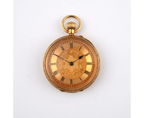 AN 18CT GOLD POCKET OPEN FACED POCKET WATCH. the foliate engraved dial with Roman numerals, the three quarter plate movement 