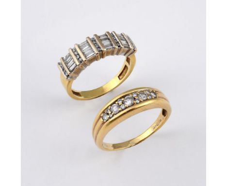 A DIAMOND HALF HOOP RING. mounted with circular-cut diamonds, in 18ct yellow gold, size P and a diamond half hoop ring, set w