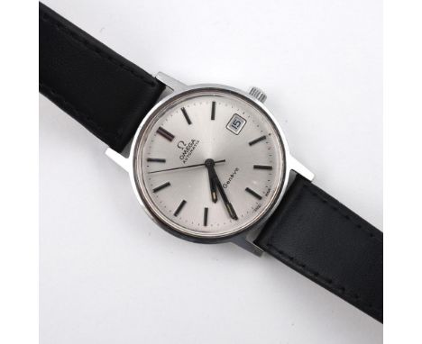 A GENTLEMAN'S STAINLESS STEEL AUTOMATIC WRISTWATCH BY OMEGA. the signed circular dial with baton numerals and date aperture, 