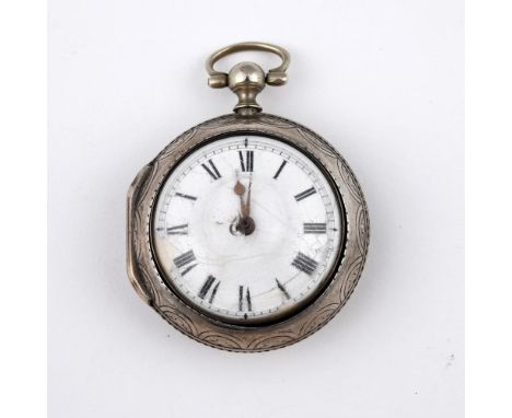 AN 18TH CENTURY SILVER PAIR CASED POCKET WATCH. the white enamel dial with black Roman numerals, verge movement, the movement