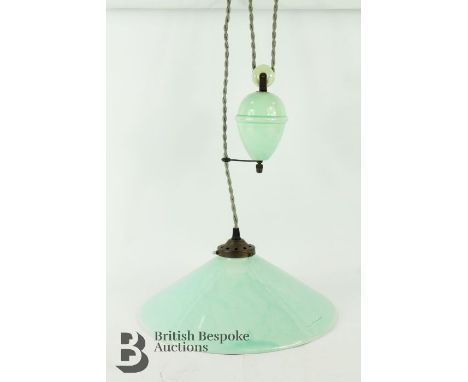 Late Victorian green ceramic rise and fall lamp, approx 36 x 30 cms, Terre D'Hautaniboul, French.