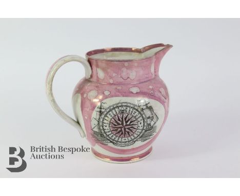 c1850s Sunderland pink luster jug 'Judith Carre Des Fries Catel 1851', decorated with Mariners Compass and verse to opposing 