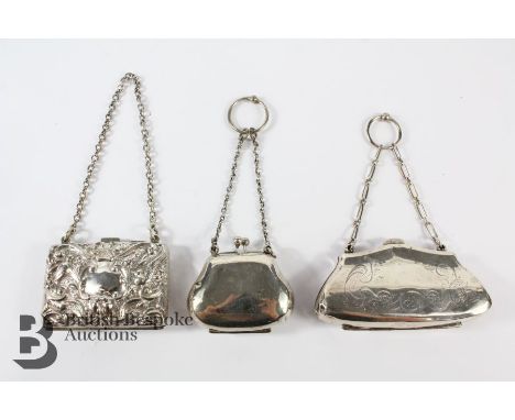 Three silver coin purses, the first is Edwardian, Birmingham hallmark, dated 1903, mm A &amp; J Zimmerman approx 7 x 4.5 cms;