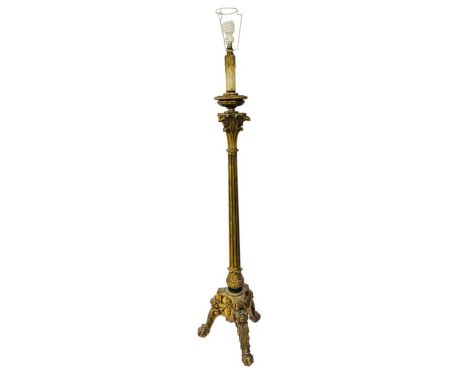 19th century wood-carved lamp stand, carved with phoenix, reeded column supported on trefoil acanthus-leaf and ball and claw 