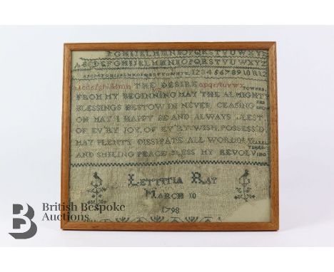 Two Victorian samplers, the first by Lettitia Ray, March 10 1798 with provenance to back (born 8th November 1789, daughter of