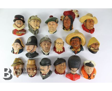 Seventeen Busson's ceramic busts, including Beefeater, Miner, Fisherman, Mexican Gringo, Farmer, Admiral, Mr Pickwick, Sherlo