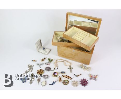 Box of costume jewellery, including a twenty-five brooches, silver filigree butterfly, enamel cock-pheasant, owl, filigree um