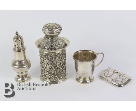 Quantity of silver, including a decanter with floral silver cuff and topper Birmingham 1901 mm H.M approx. h 15cm, silver sug