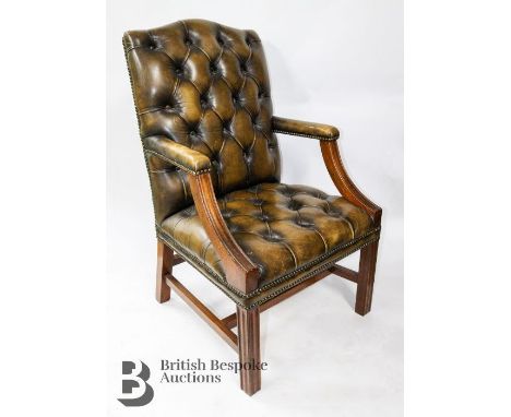 Edwardian tan leather button back library chair, with swept arm rests, mahogany frame, approx 100 cms h x seat height 44 cms 