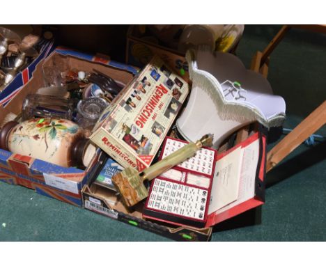 A box containing a set of mah-jong, French table top game, alabaster table lamp etc