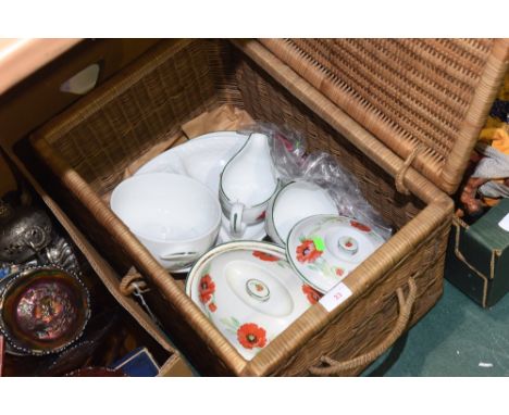 A wicker hamper containing a partial Royal Worcester dinner service etc.