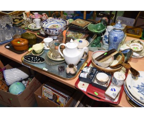 Three trays inc. faux tortoiseshell backed dressing table articles, 19th century and later ceramics, Carltonware leaf dishes 