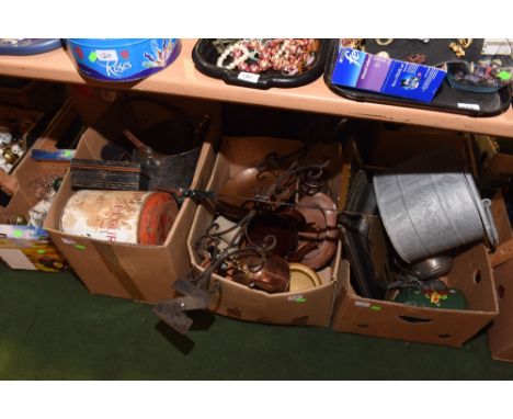 Three boxes inc. copper kettle, pottery jars, weather vane, pails, companion set etc