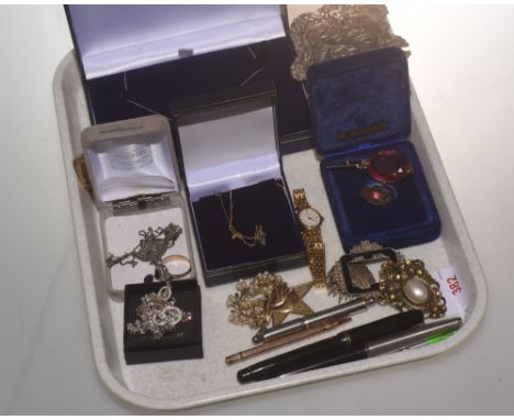 A miscellaneous collection of jewellery including a marcasite and amethyst necklace, costume jewellery, a lady's Rotary wrist