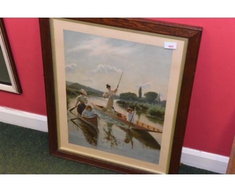 A 19th century coloured print, 'Ladies And Children In A Boat', framed