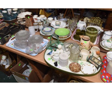 Two trays inc. cut glass plates inc. and butter dishes, ice plates, coronation dishes, pottery hunting jug, a RAC 1970 rally 