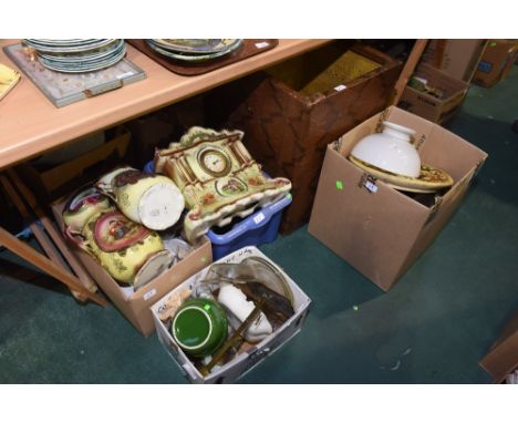Five boxes inc. oil lamp funnels, pressed and cut glass, 19th century Staffordshire clock garniture, cigarette cards, vintage