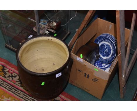 A box containing blue and white wares, an oak cased mantel clock etc.; tog. with a stoneware jar