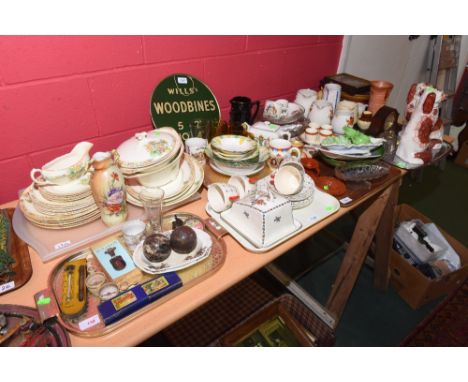 Seven trays inc. early 20th century dinner service, vintage tea service, 1920s dessert service, a pair of seated Staffordshir