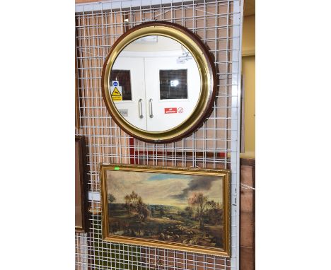 A circular oak and brass wall mirror together with a framed print after John Constable (2)