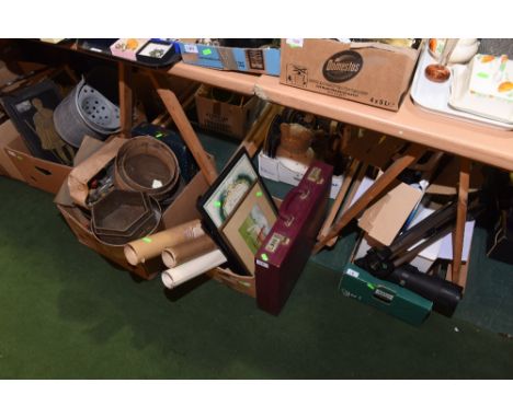 Three boxes inc. vintage kitchenalia, camera equipment, framed prints etc; tog. with a briefcase