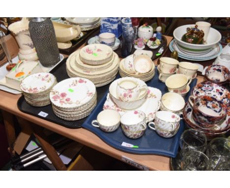 Two trays inc. a late 19th century chrysanthemum pattern tea service,  pattern no 3205 to base, together with a Ridgways chin