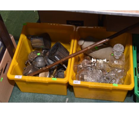 Two boxes of early 20th century glass, pewter, silver plate, 19th century pottery hot water bottle, cane walking stick etc