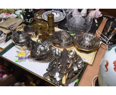 Two trays of silver plated wares and brass ware including an Ashington Colliery miner's lamp, a pierced brass galleried chamb