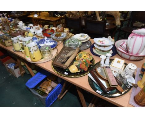 Four trays inc. a 1920s Art Deco butter dish, a group of transfer printed ceramic wares, a 19th Century pottery hot milk jug,