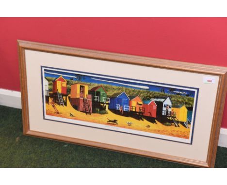 Brian Lewis, Beach Huts II, coloured limited edition print, 515/850, signed in pencil to the mount, framed