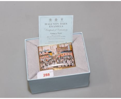 A limited edition Halcyon Days enamel trinket box, 28/200, decorated with an LS Lowry piece, 'Going To Work' after his 1959 w