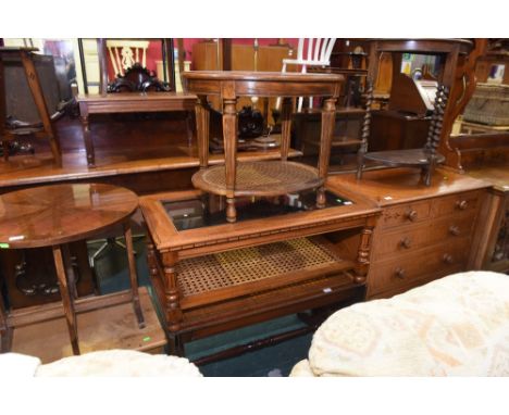 A leather inset sofa table; tog. with a glass topped coffee table and a two tier occasional table in period style (3)